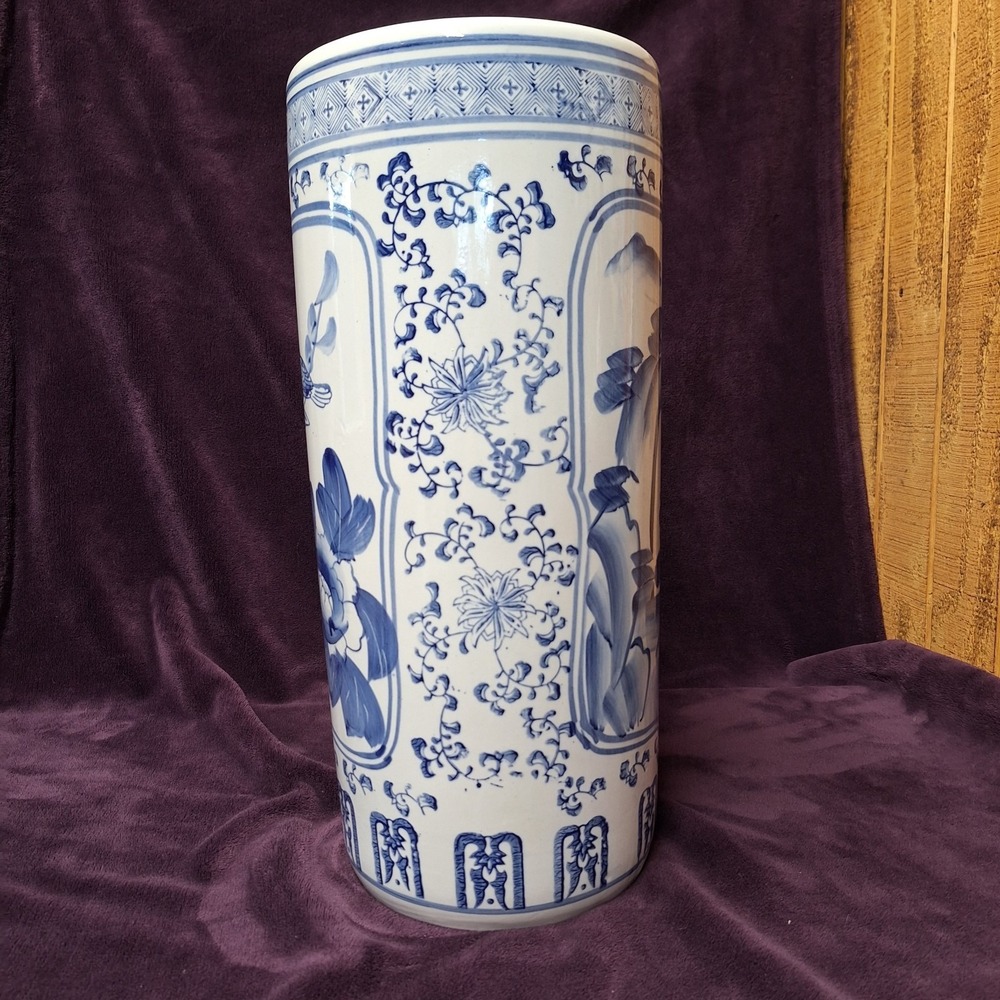Blue and White Ceramic Floral Round Traditional Umbrella Stand 18" X 7" - Picture 4 of 9